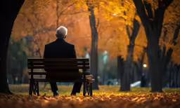 an elderly man sitting on a park bench surrounded by trees with fall colors