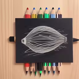 drawing of an image of a hot air balloon drawn with crayons,an item with a drawing of a fish in the middle is surrounded by colored pencils
