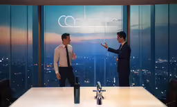 two men are standing in front of a glass wall with the word collapse written on it