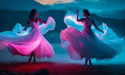 two women are dancing with the flowing dress