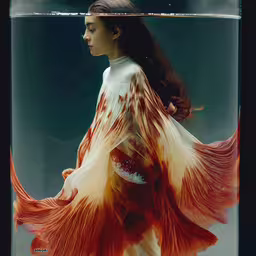 a woman with long hair stands behind a glass block,a young woman standing inside of a glass case