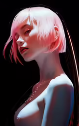 a woman with pink hair and piercings wearing a necklace
