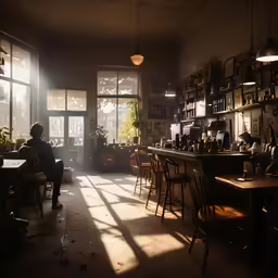 the dark room is full of tables, plants, and pots