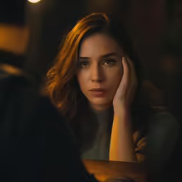 a woman sits at a table in a dark room
