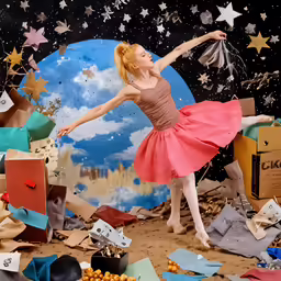a woman is standing in the air with presents