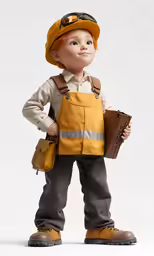 a little doll in a construction themed outfit