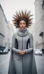 a woman standing on a street with long hair