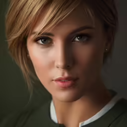 a woman with short hair and bangs wearing a green jacket