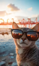 a cat wearing sunglasses looking up into the camera