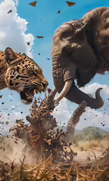 the two elephants fight in front of a large lion