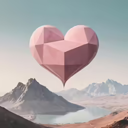 a heart shaped balloon flying over mountains and water
