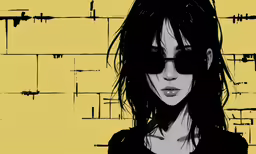 a woman wearing sunglasses, in front of a yellow wall