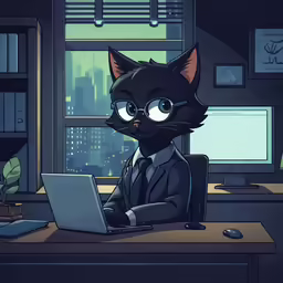a black cat wearing glasses and sitting at a desk in front of a laptop computer