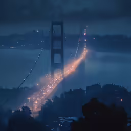 a photo taken at night showing the golden gate bridge with traffic on it
