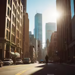 city street scene with cars and a person walking on the sidewalk
