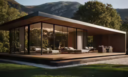 a glass walled patio with sofas and large windows