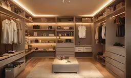 a bedroom with two drawers, an ottoman and plenty of light