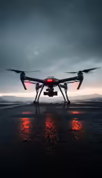 a red and black remote control flying over water