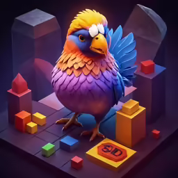 an orange bird with a blue and purple head sitting on a block
