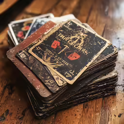 a pile of worn out playing cards on a table