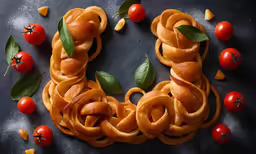 pasta spirals are arranged as leaves, tomatoes and tomatoes on the table