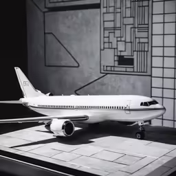 model jet airliner on display in black and white