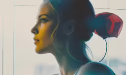 a woman is staring at something out a window
