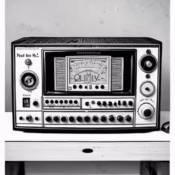 an old radio and remote controls on a table