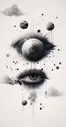 an abstract drawing of a black and white eye surrounded by clouds