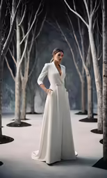 a model is standing in the middle of trees