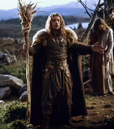 man dressed in medieval costume holding a stick