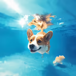 a dog swimming in the ocean looking up