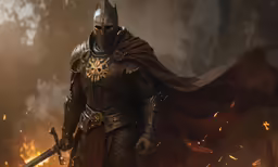 the knight stands in the fire holding two swords
