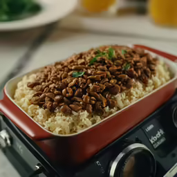 a red and white container filled with rice, nuts and spinach