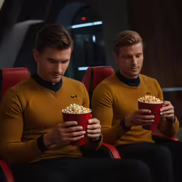 two men wearing yellow sweaters sit on red chairs holding cup of popcorn