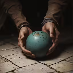 a man is holding a ball on the ground
