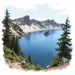 a mountain lake near trees is shown on a sunny day