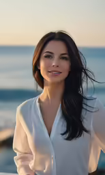 a woman wearing a shirt is standing by the water