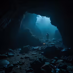 man standing in dark cave with fog in the background