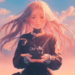 a girl holding a camera in front of clouds