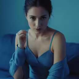 a woman posing with her arm extended with one hand and sitting down