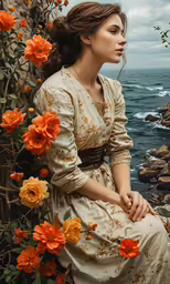 a woman sitting on a ledge next to some water and flowers