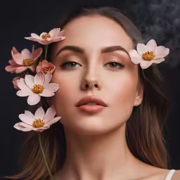 a woman wearing flowers around her eyes