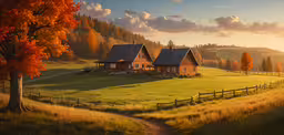 a house sits on a lush hillside by a tree,a farm with an old style red barn and grassy field, a sunset over the rolling hills, and orange autumn leaves