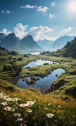 a large green field with water in it