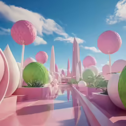 a digital design rendering of several floating structures