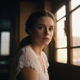 a girl is looking out the window at something