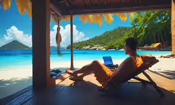 a man sitting in a lawn chair at the beach,there is a man that is sitting on the beach