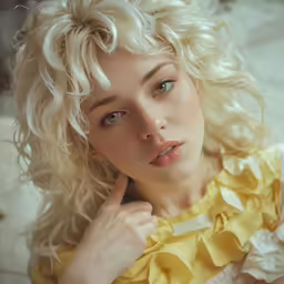 woman in yellow dress with finger on her lip