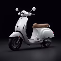 a white moped with brown seats on a dark background